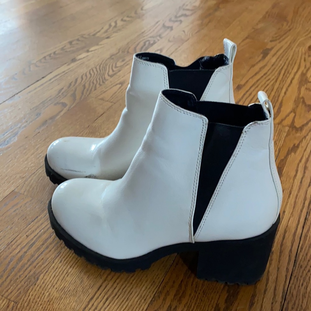 white heeled booties